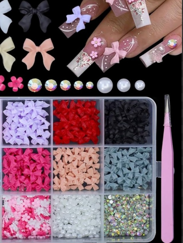 Bow Nail Charm and Flat Pearl Set, Colored Nail Bow Charm, Pink, White Star Heart Moon Lovely Nail Gemstones, 2,3,4mm White Nail Pearls for Nail DIY Decoration